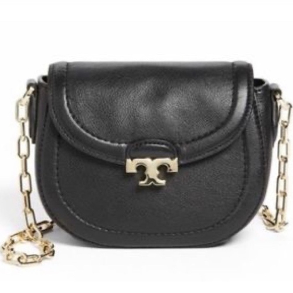 Tory Burch Mini Sammy Black Leather Crossbody Bag Purse Gold Logo Chain Strap